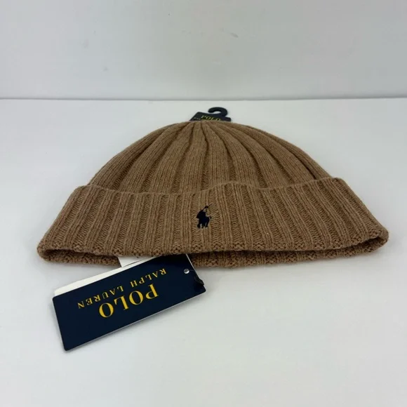 POLO RALPH LAUREN, LIGHT BROWN BEANIE, ONE SIZE FITS, 50% WOOL 50% NYLON, UNISEX - Picture 16 of 17